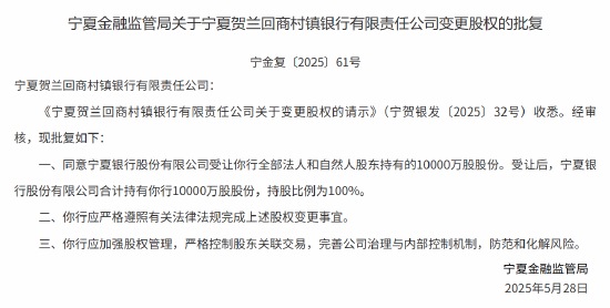 重庆时时彩:宁夏银行:吸收合并宁夏贺兰回商村镇银行并新设分支机构